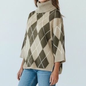BENETTON Womens Argyle Knit Turtleneck Sweater Beige Olive Green Taupe‎ Size L